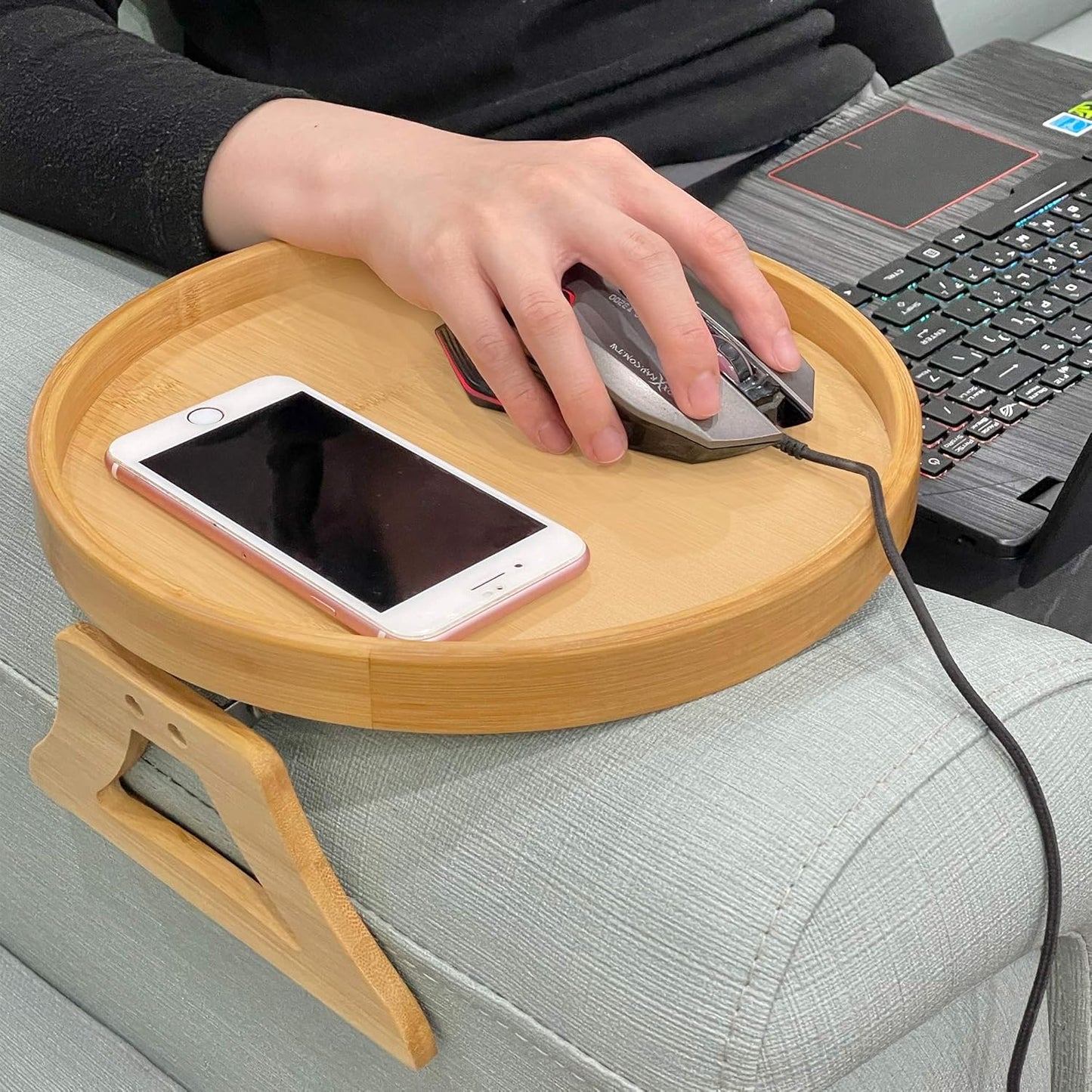 Pekokavo Sofa Arm Clip Tray, Side Table for Remote Controls/Drinks/Gamepads Holder (Bamboo)