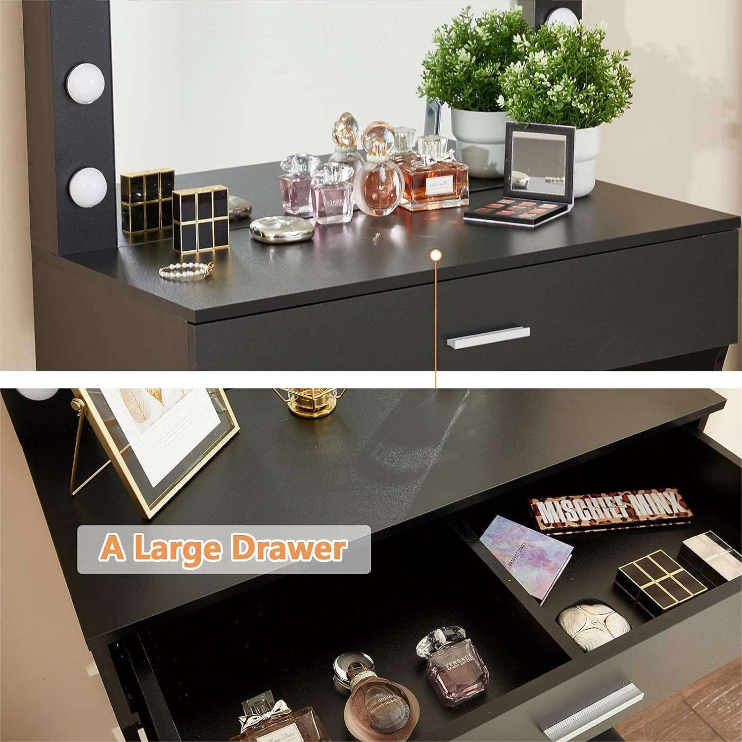 Vanity Desk, Makeup Vanity with Mirror and Lights, Adjustable Brightness and Sturdy Wood Vanity Large Drawer, 31.5In, Black