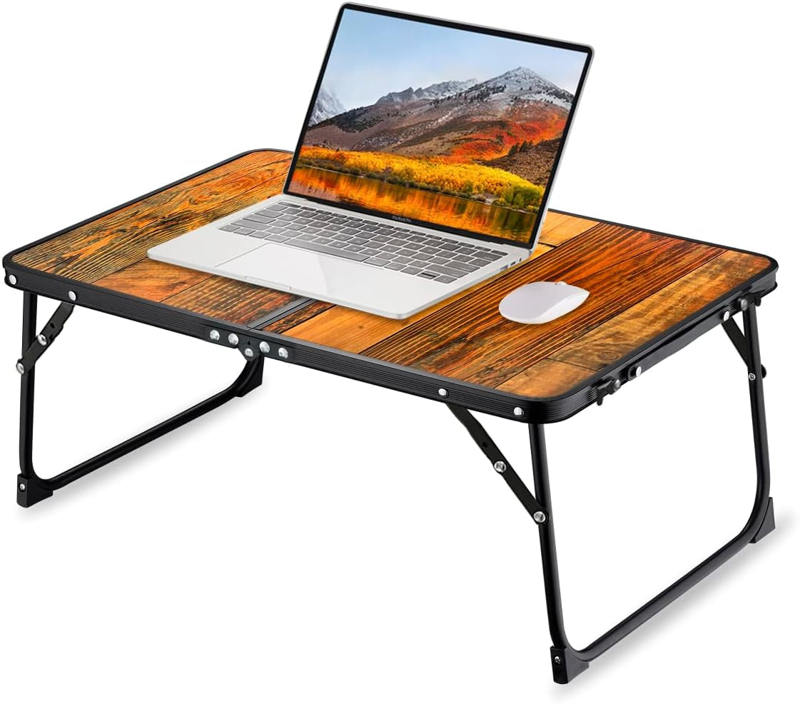 Foldable Laptop Table for Bed,  Lap Desk Bed Desk, Breakfast Serving Bed Tray, Portable Mini Picnic Table Storage Space Laptop Desk Reading Holder(Retro Wood)