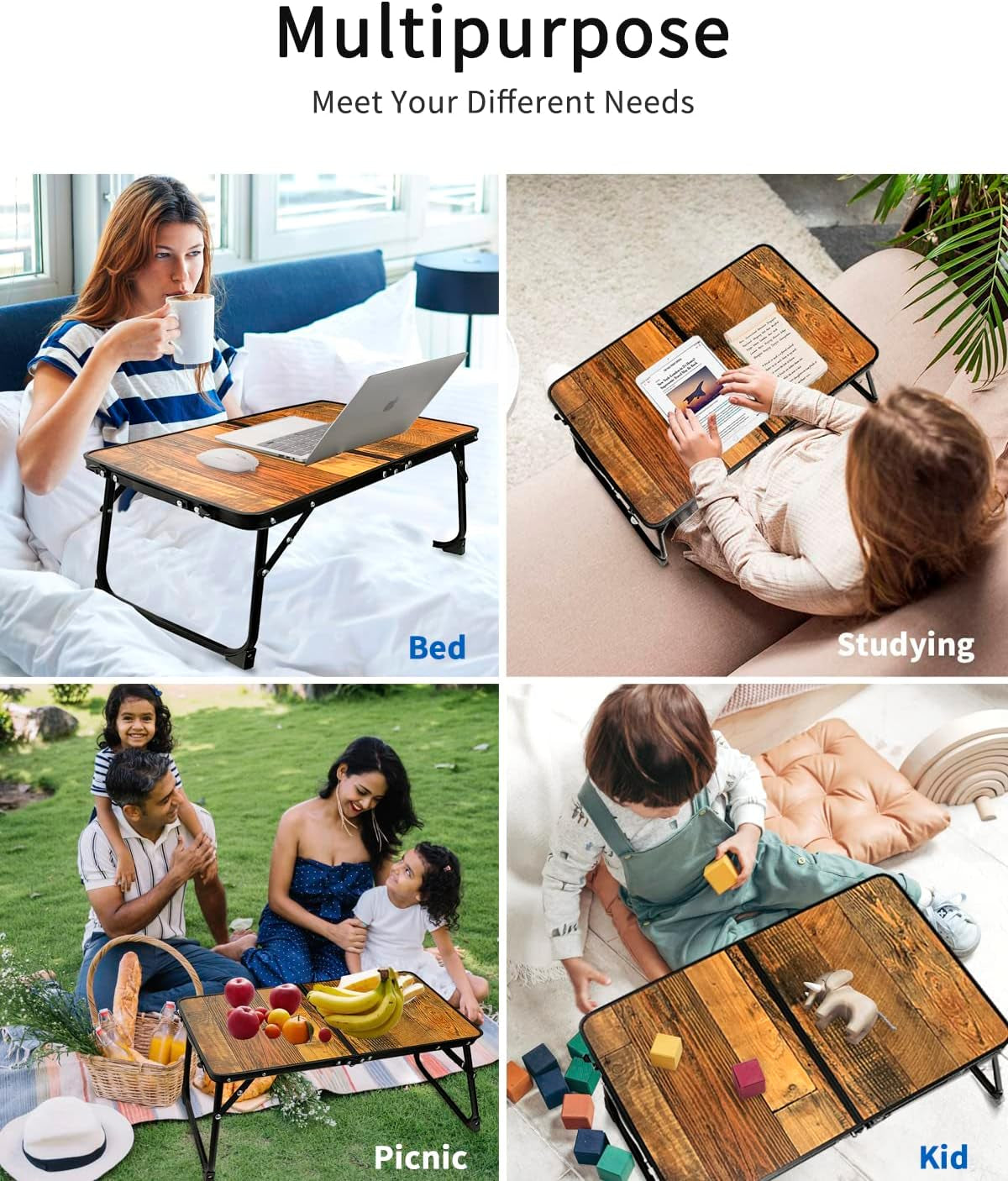 Foldable Laptop Table for Bed,  Lap Desk Bed Desk, Breakfast Serving Bed Tray, Portable Mini Picnic Table Storage Space Laptop Desk Reading Holder(Retro Wood)