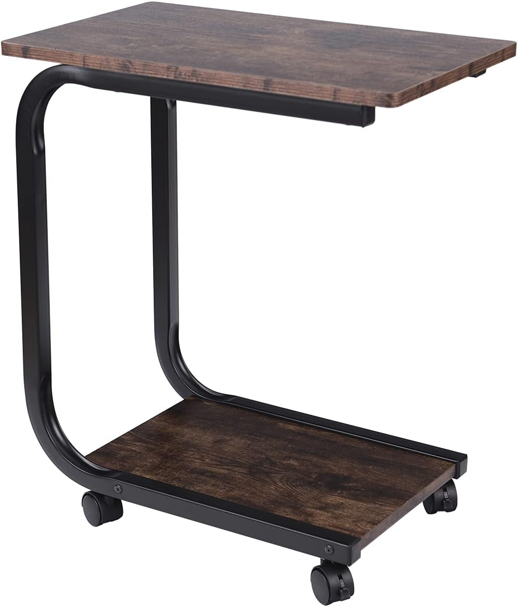 C Side Table End Table with Wheels, Sofa Snack Table with Wood and Large Diameter Steel Tube Metal Frame, End Stand Desk Coffee Tray Side Table(Brown)