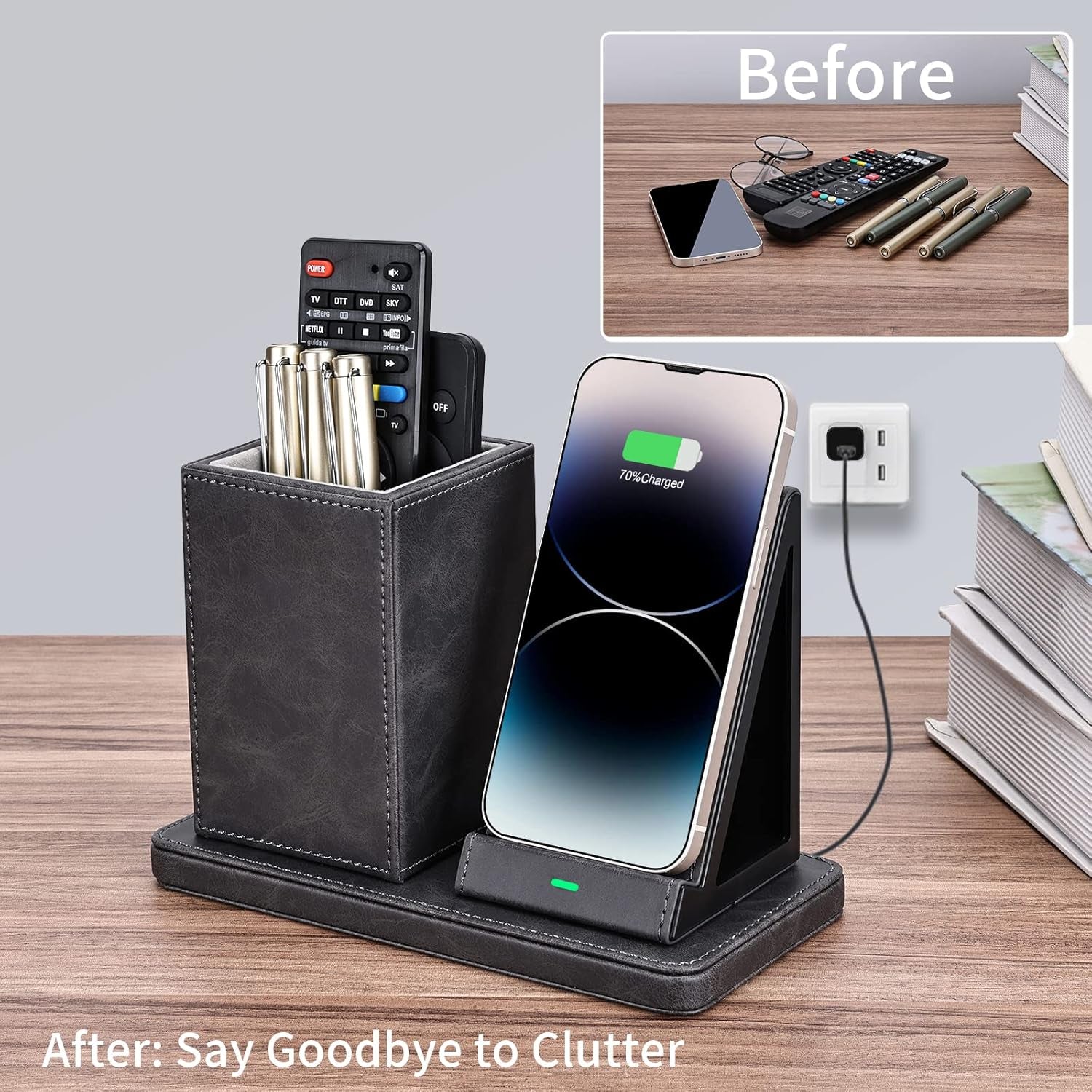 Wireless Charger with Desk Organizer, Wireless Charging Station for Iphone 14/14 Pro/13/12/11/Samsung Galaxy S23/S22/S21/S20/Note 20/Note 10, Wireless Charging Stand with Leather, Grey