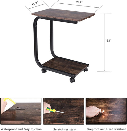 C Side Table End Table with Wheels, Sofa Snack Table with Wood and Large Diameter Steel Tube Metal Frame, End Stand Desk Coffee Tray Side Table(Brown)