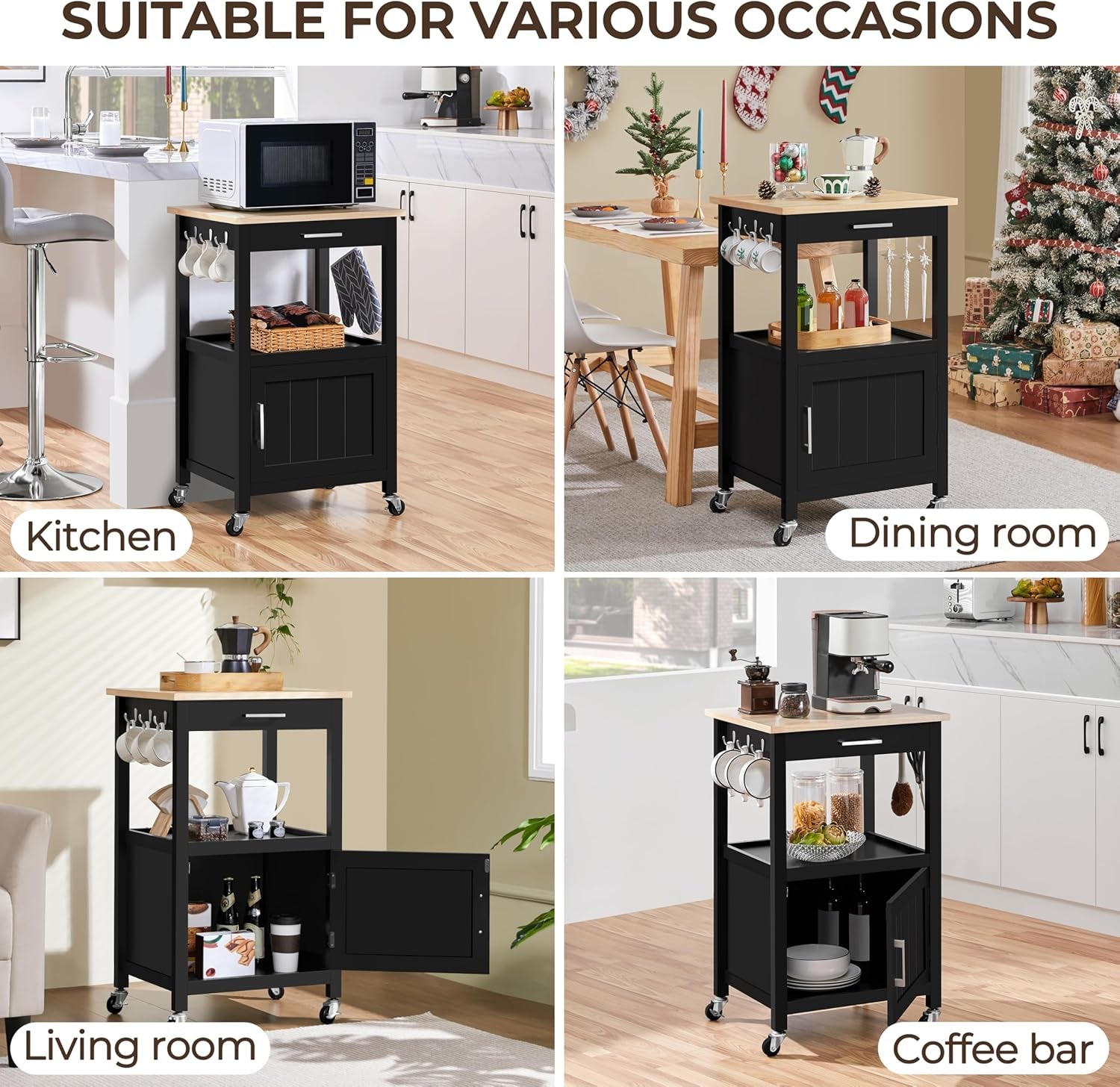 Small Kitchen Island on Wheels with Wood Top and Drawer, Trolley Cart with Open Shelf and Storage Cabinet for Dining Room, 22X18X35 Inches, Black