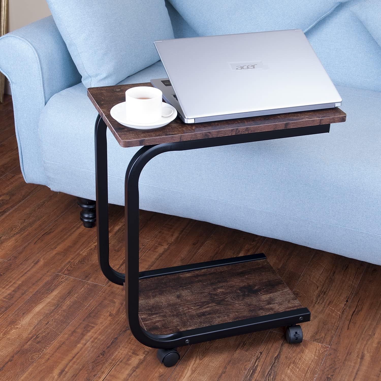 C Side Table End Table with Wheels, Sofa Snack Table with Wood and Large Diameter Steel Tube Metal Frame, End Stand Desk Coffee Tray Side Table(Brown)