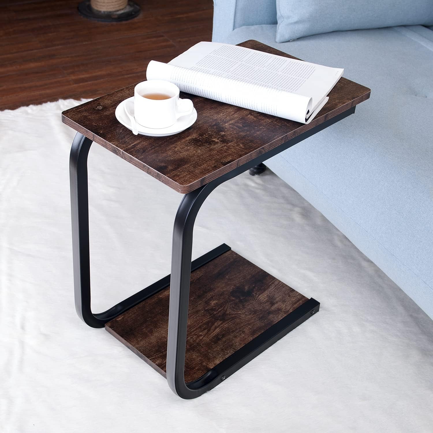 C Side Table End Table with Wheels, Sofa Snack Table with Wood and Large Diameter Steel Tube Metal Frame, End Stand Desk Coffee Tray Side Table(Brown)