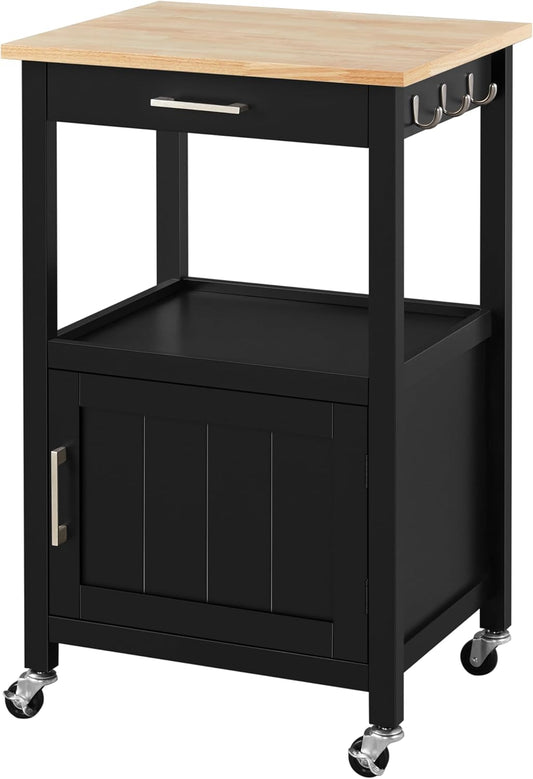 Small Kitchen Island on Wheels with Wood Top and Drawer, Trolley Cart with Open Shelf and Storage Cabinet for Dining Room, 22X18X35 Inches, Black