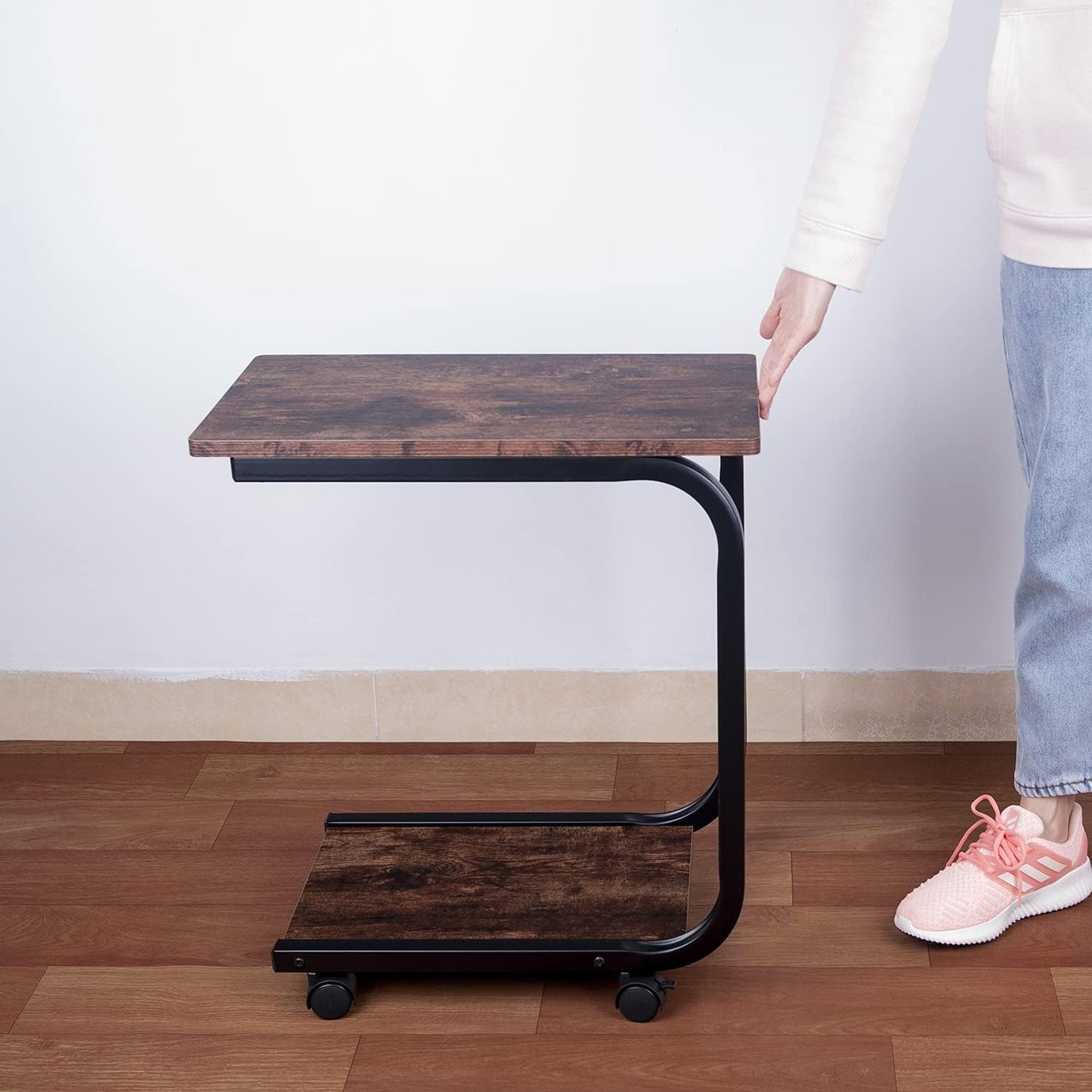 C Side Table End Table with Wheels, Sofa Snack Table with Wood and Large Diameter Steel Tube Metal Frame, End Stand Desk Coffee Tray Side Table(Brown)