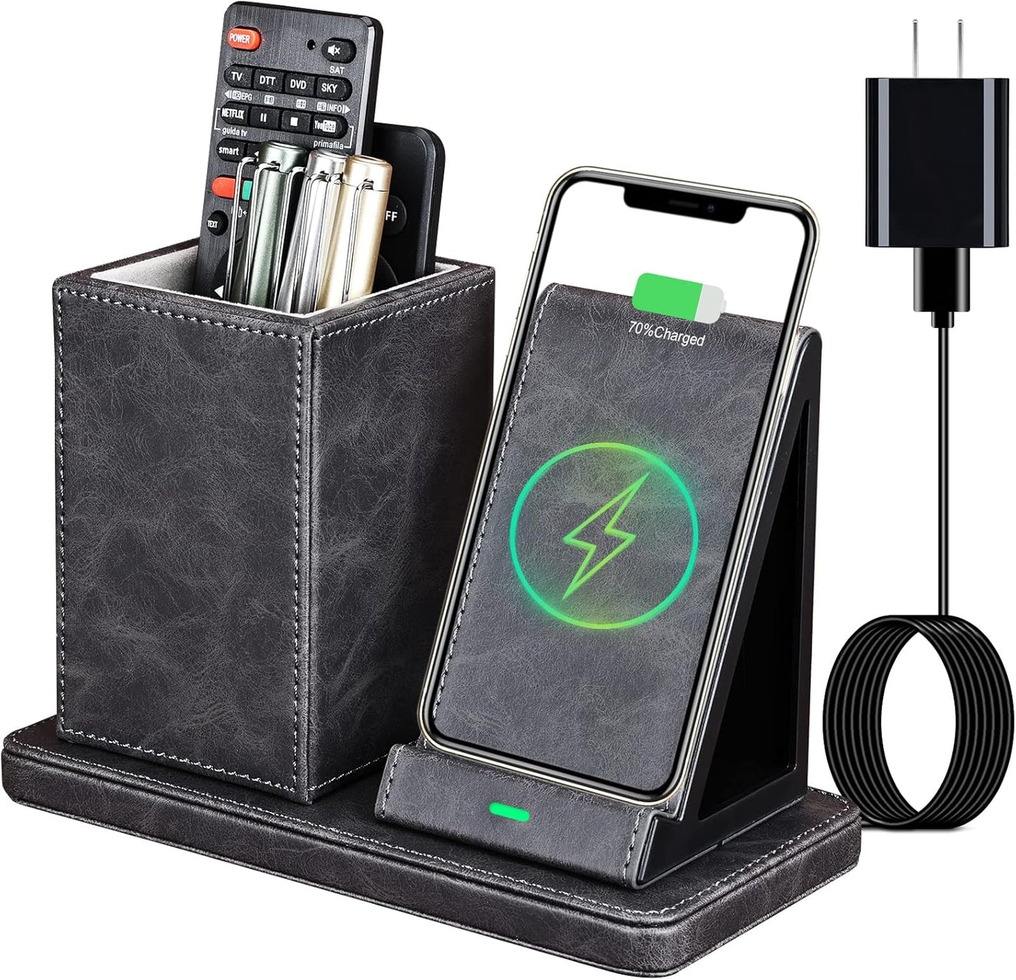 Wireless Charger with Desk Organizer, Wireless Charging Station for Iphone 14/14 Pro/13/12/11/Samsung Galaxy S23/S22/S21/S20/Note 20/Note 10, Wireless Charging Stand with Leather, Grey